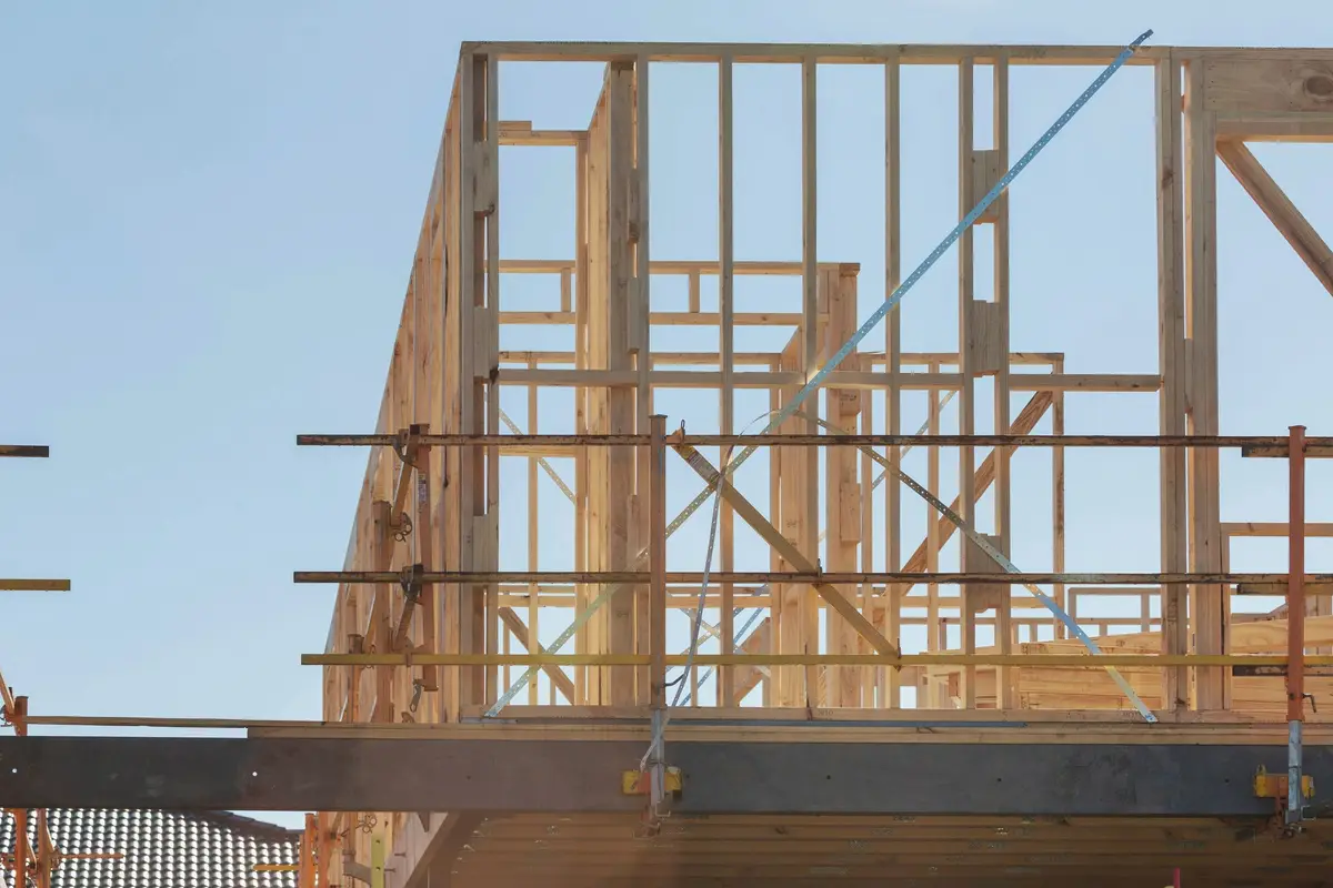 Wood framing and scaffolding on a building under construction
